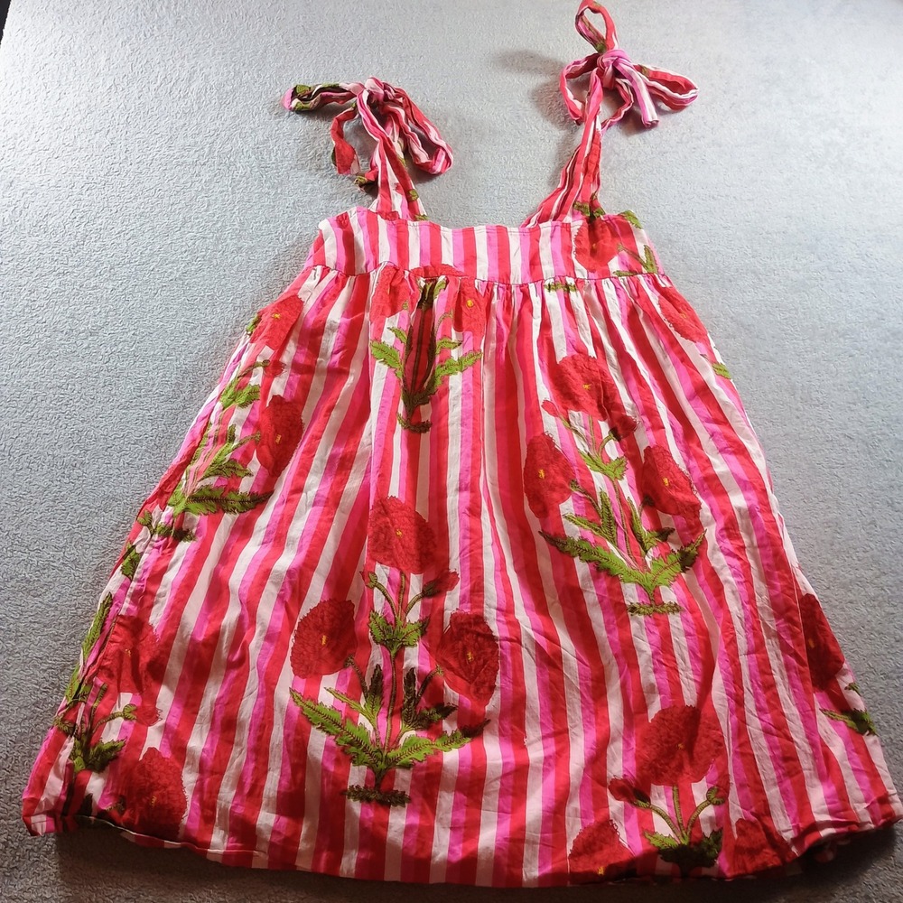 FANCY Women XS Floral Stripe Tie Strap Cotton Cami Top Pink Red  Cottagecore Y2K